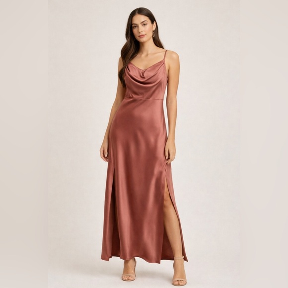 Revelry Dresses & Skirts - Revelry Satin Slip Dress Size8 Rose Mauve Cowl Neck Side Slits Formal Bridesmaid